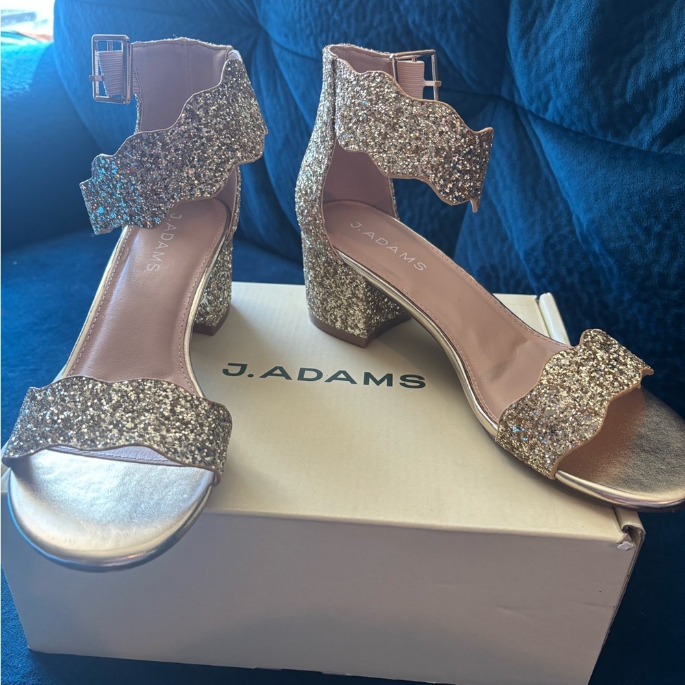 Women's Gold Glitter Block Heel Sandals with Ankle Strap